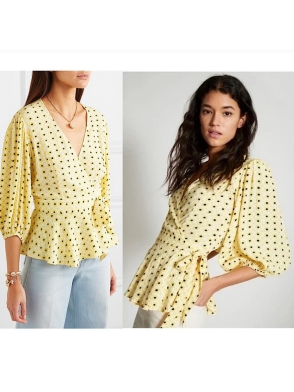 Ganni Yellow Black Polka Dot Wrap Blouse